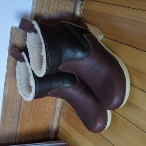 No. 6 Pull On Shearling Clog Boot on Mid Heel in Brown Aviator